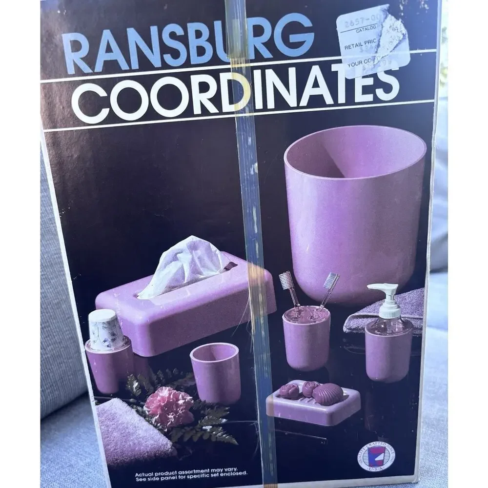 Vintage Ransburg 7pc Bathroom Set Waste Can Tissue Box Soap Holder Cups Mod